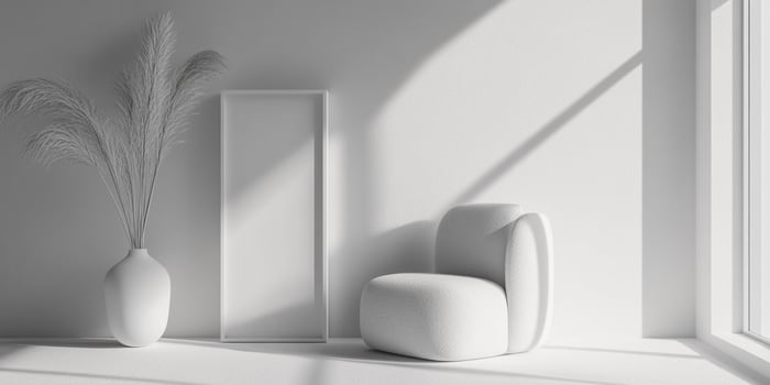 Minimalist interior with a white chair, a vase with dried flowers, and a frame against a white wall, bathed in natural light. photo