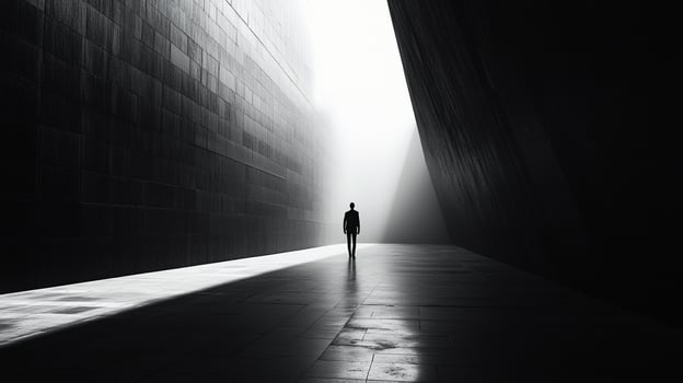Silhouette of a person walking towards a bright light at the end of a dark tunnel, creating a sense of mystery and hope. photo