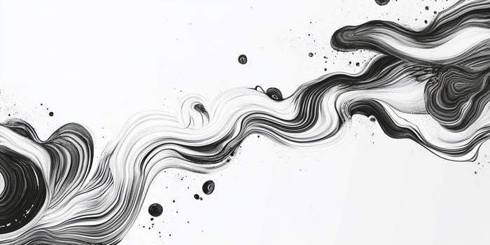 Monochromatic swirls, ink wash painting, abstract art, fluid design, modern black and white visual creation, ink strokes, and splatter style photo