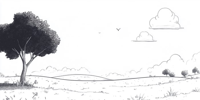 Sketch of an open field with a large tree and a few clouds in the sky, evoking a peaceful and simple nature scene. photo