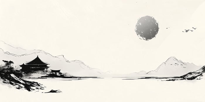 Serene landscape evokes peacefulness through minimalist brushstrokes, featuring mountains, water, and structures in monochromatic harmony. photo
