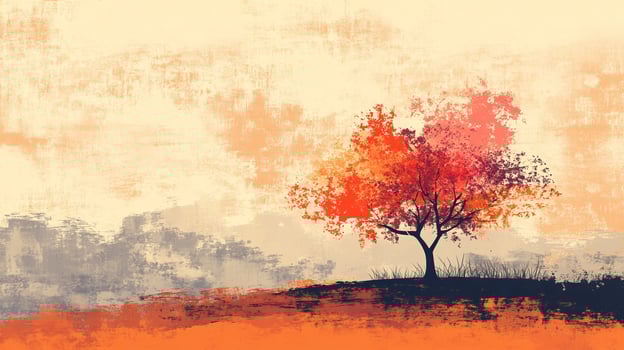 Vibrant tree on a hill against a textured sky, painted in warm autumn colors, evokes a sense of peaceful solitude and natural beauty. photo
