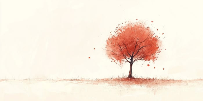 Aesthetic watercolor tree with red foliage against a minimalist light backdrop. Depicting nature's beauty in a simple, artistic manner. photo