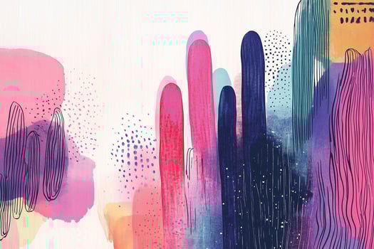 Abstract watercolor art featuring organic shapes, vibrant pinks, blues, and textural lines on a soft white background. Colorful and modern. photo