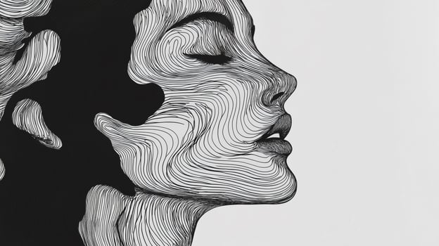Abstract line art of a woman's profile with eyes closed, capturing her facial expression in a flowing, minimalist style. photo