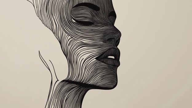 Abstract line art depicts a woman's serene profile, her face a flowing tapestry of interwoven strands against a neutral background. photo