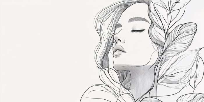Elegant artistic representation of a woman in profile with flowing hair and botanical elements, captured in a simple black and white style. photo