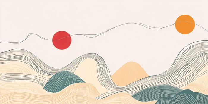 Minimalist landscape art featuring rolling hills, two suns, and flowing lines creating a serene and abstract nature scene. photo