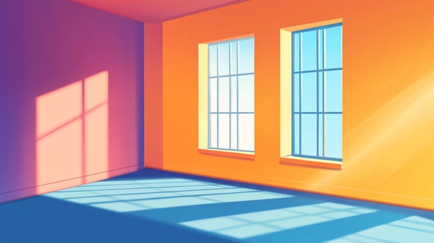 Vibrant room interior with blue shadows, orange walls and pink highlights, bathed in sunlight streaming from two framed windows. photo