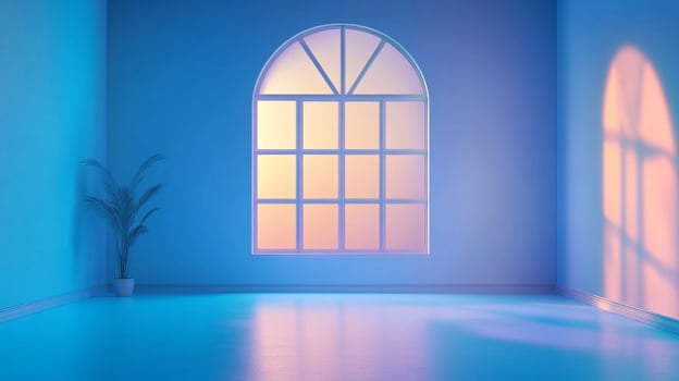 A serene room bathed in calming blue hues, featuring a potted plant and a window casting warm light into the tranquil space. photo