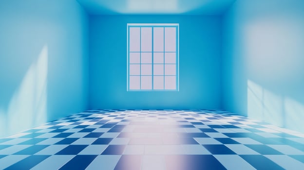 Monochromatic blue room with checkerboard floor, illuminated by a window, providing a sense of calmness and minimalist beauty. photo