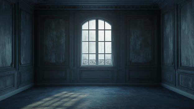A somber room with an arched window, the light casts shadows on the floor, evoking a sense of mystery and solitude. Empty room, old. photo