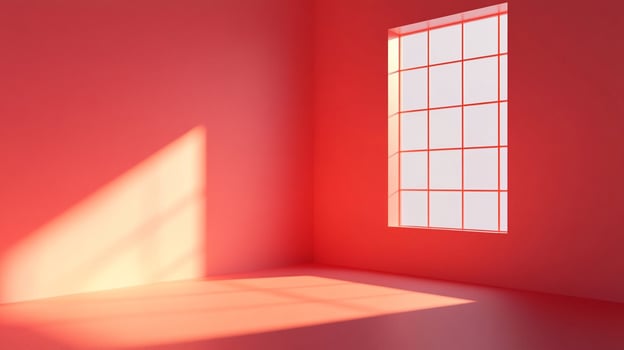 A crimson room glows with sunlight streaming through a gridded window, casting a triangular shadow on the floor, creating depth and warmth. photo
