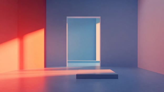 Minimalist scene with a doorway and platform in a room with contrasting wall colors, bathed in sunlight, creating a serene atmosphere. photo