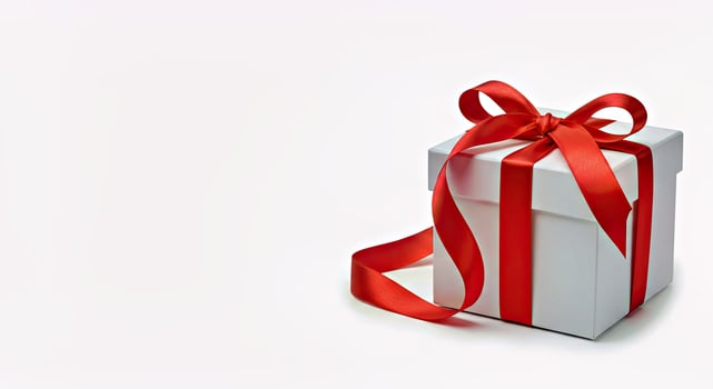A white gift box with red ribbon tied around it photo