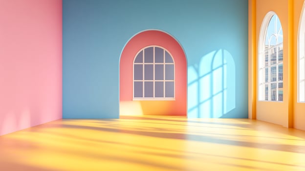 A vibrant room with pastel walls in pink, blue, and yellow, featuring arched windows and sunlight casting dynamic shadows on the wooden floor. photo