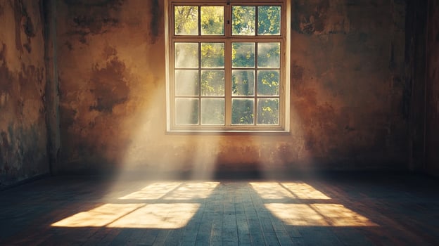 Sunlight streams through a window in an aged room, casting light and shadows on wooden floors and distressed textured walls. photo
