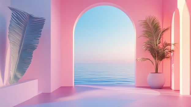 Pink architecture frames ocean view, blending interior tropical plant life with a serene coastal scene. photo