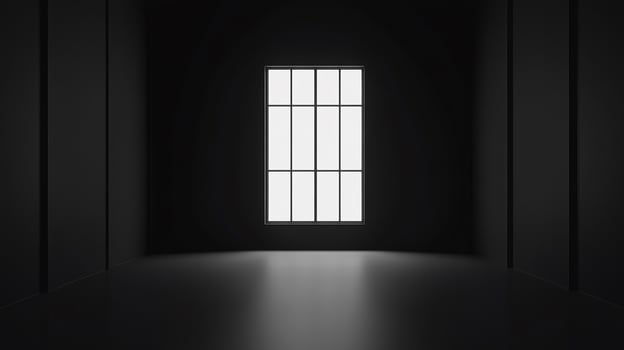 Minimalist black interior with central window creates a contemplative space, blending architecture and abstract composition. photo