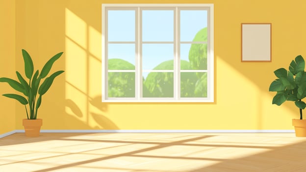 A bright yellow room with houseplants, a window overlooking trees, and a picture frame, all illuminated by sunlight streaming through. photo