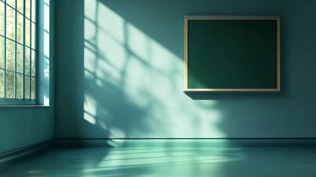 Classroom illuminated by natural light, with a chalkboard on the wall. Peaceful and serene atmosphere for learning and education. photo