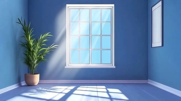 Sunlit serene space. Sunlight streams through the window, illuminating a plant in a blue room with a minimalist aesthetic, promoting calmness. photo