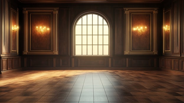 Grand empty hall with hardwood floors, paneled walls, sconce lighting, and arched window pouring light. Vintage charm in every detail. photo