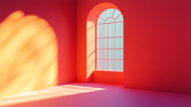 A vibrant room bathed in sunlight showcases a large, arched window, creating a warm, inviting atmosphere with contrasting light and shadows. photo