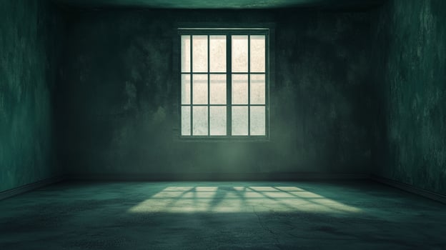 A dark and empty room with a barred window that allows light to stream in. A scene of desolation and introspection. Minimalist, monochromatic. photo