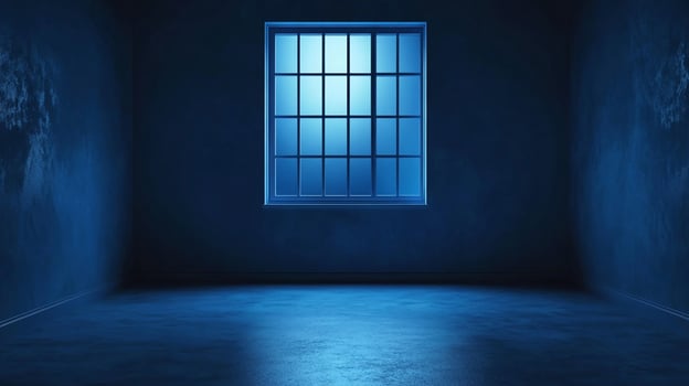 Monochromatic room with a large window, illuminated by a cold, blue light. The atmosphere is eerie and still. photo