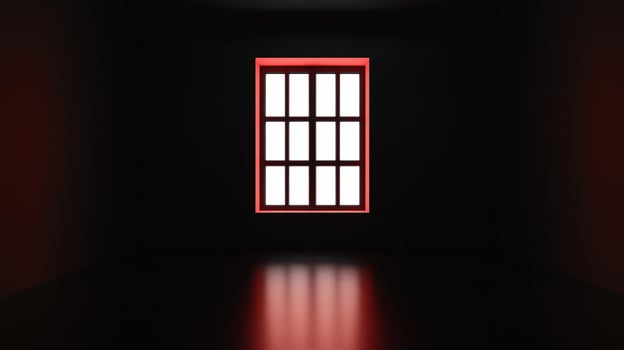 Illuminated window in a dimly lit room featuring a bright white light shining through panes with red trim. A mysterious and captivating scene. photo