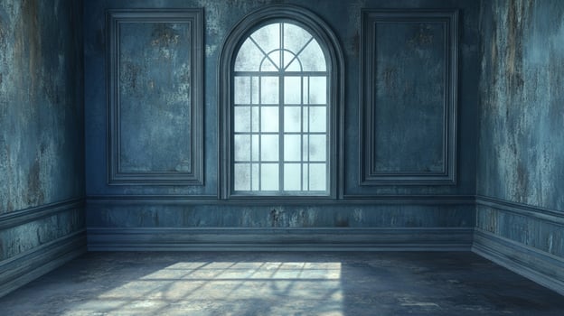 Moody room with weathered walls and an arched window, light streaming in, creating patterns on the floor, inviting contemplation. photo