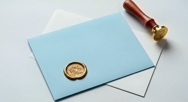 A wax seal sits on top of a blue envelope photo