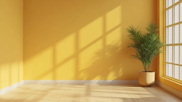 Sunlit room with yellow walls, hardwood floors, and a potted plant near a window casting shadows. Calm home decor and bright atmosphere. photo