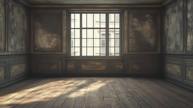 An empty room with weathered wooden floors and paneled walls, a large window illuminates the space with sunlight casting shadows. photo