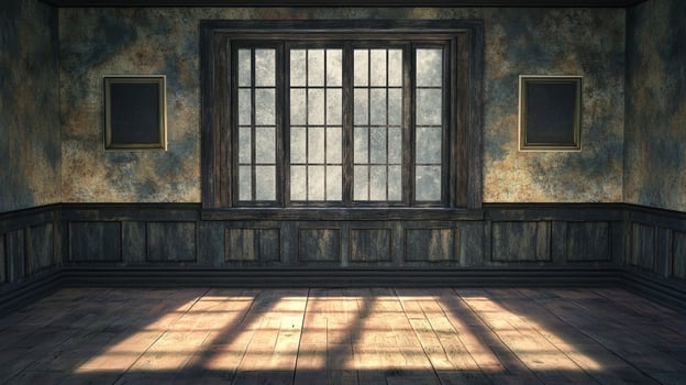 Sunlit room interior featuring a large window with divided panes, dark wainscoting, and vintage-style textured wallpaper. photo