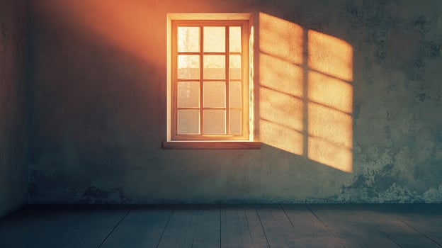Sunlight streams through a window, creating a bright contrast in the empty room, highlighting textures on the aged wall and wooden floor. photo