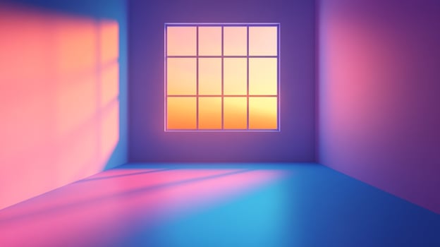 An empty room bathed in colorful light streaming from a window, creating a serene and inviting ambiance. Minimalist space with vibrant hues. photo