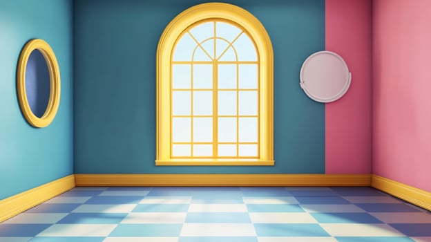 Whimsical room design featuring split-tone walls, an arched window, and checkered floors creates a vibrant and playful aesthetic. photo
