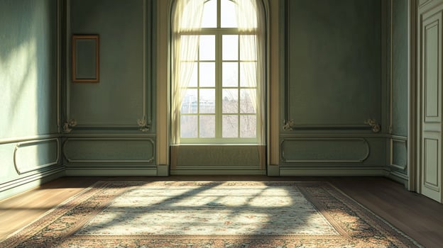 A luxurious empty room is lit by a bright window, casting shadows on a vintage rug. Ornate wall decorations add to the room's elegance. photo