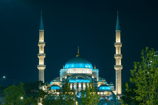 Eminonu Yeni Cami or New Mosque view at night. Ramadan or islamic concept photo