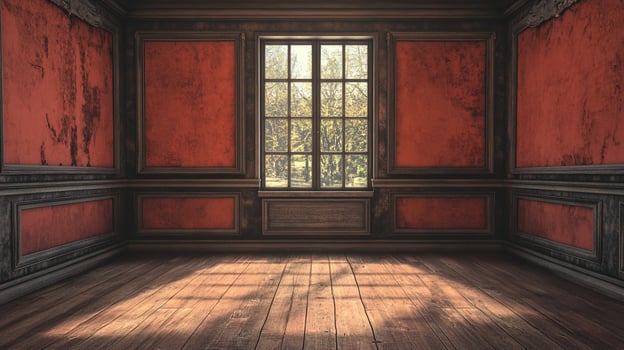 A vintage room with textured red walls and wooden floorboards, illuminated by natural light streaming through a multi-paned window. photo