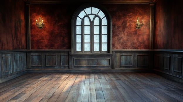 An ornate room featuring deep red textured walls, dark wood flooring, a large arched window, and elegant sconces, creating a rich ambiance. photo
