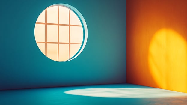 A minimalist interior scene with natural light streaming through a round window, casting shadows across the colorful walls and floor, simple. photo