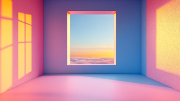 Tranquil room with a sky view, bathed in soft light. Pastel hues create a serene, dreamlike atmosphere. Peaceful contemplation. photo