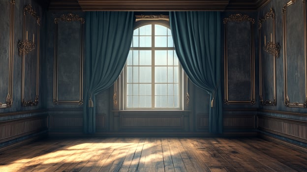 Elegant room with ornate details and a large window draped in luxurious blue curtains, sunlight streaming across the wooden floor. photo