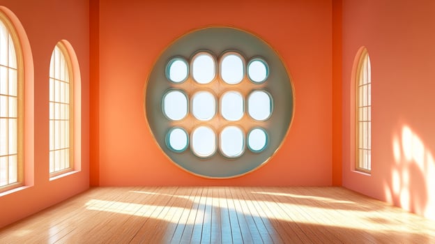Bright and airy room with a unique round window and wooden floors, creating a modern minimalist space bathed in natural light. photo