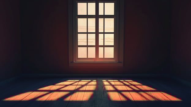 Sunlight streams into a room through a window, casting sharp shadows across the wooden floor, creating a bright spot in the dim interior. photo