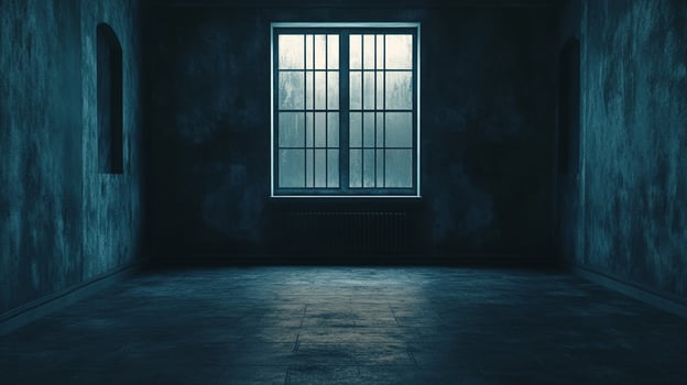 A chilling, empty room with a barred window lets in minimal light, casting long shadows in the dim atmosphere, creating a sense of desolation. photo