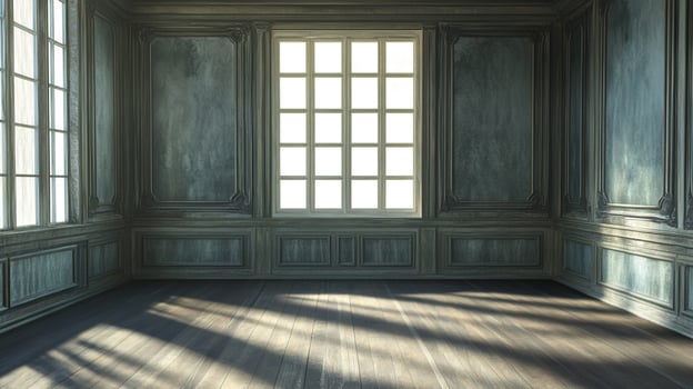 Elegant room with beautiful wooden floors and wainscoting detail, illuminated by a large window casting warm, inviting light throughout. photo